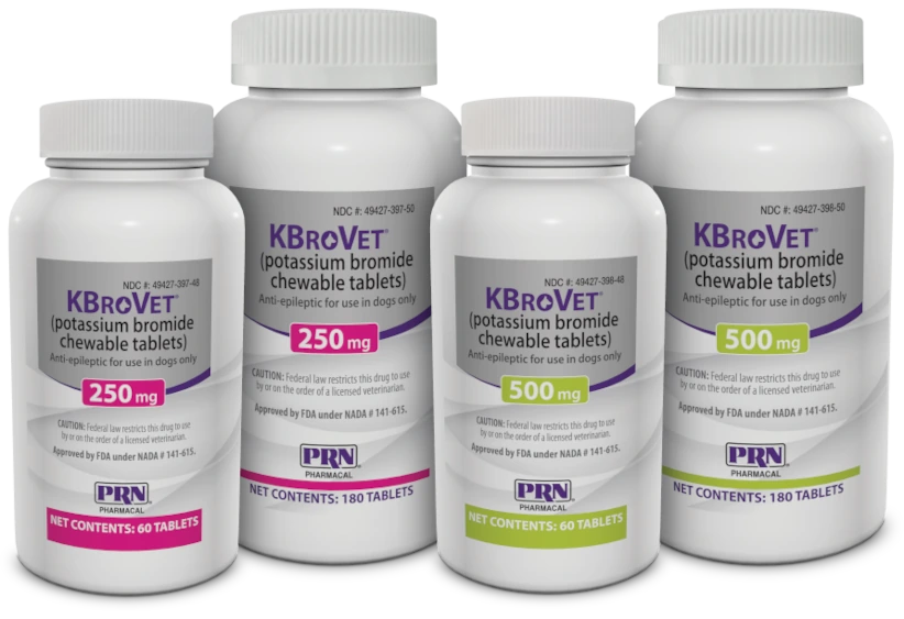 KBroVet potassium bromide chewable tablet bottles, 250 mg and 500 mg.