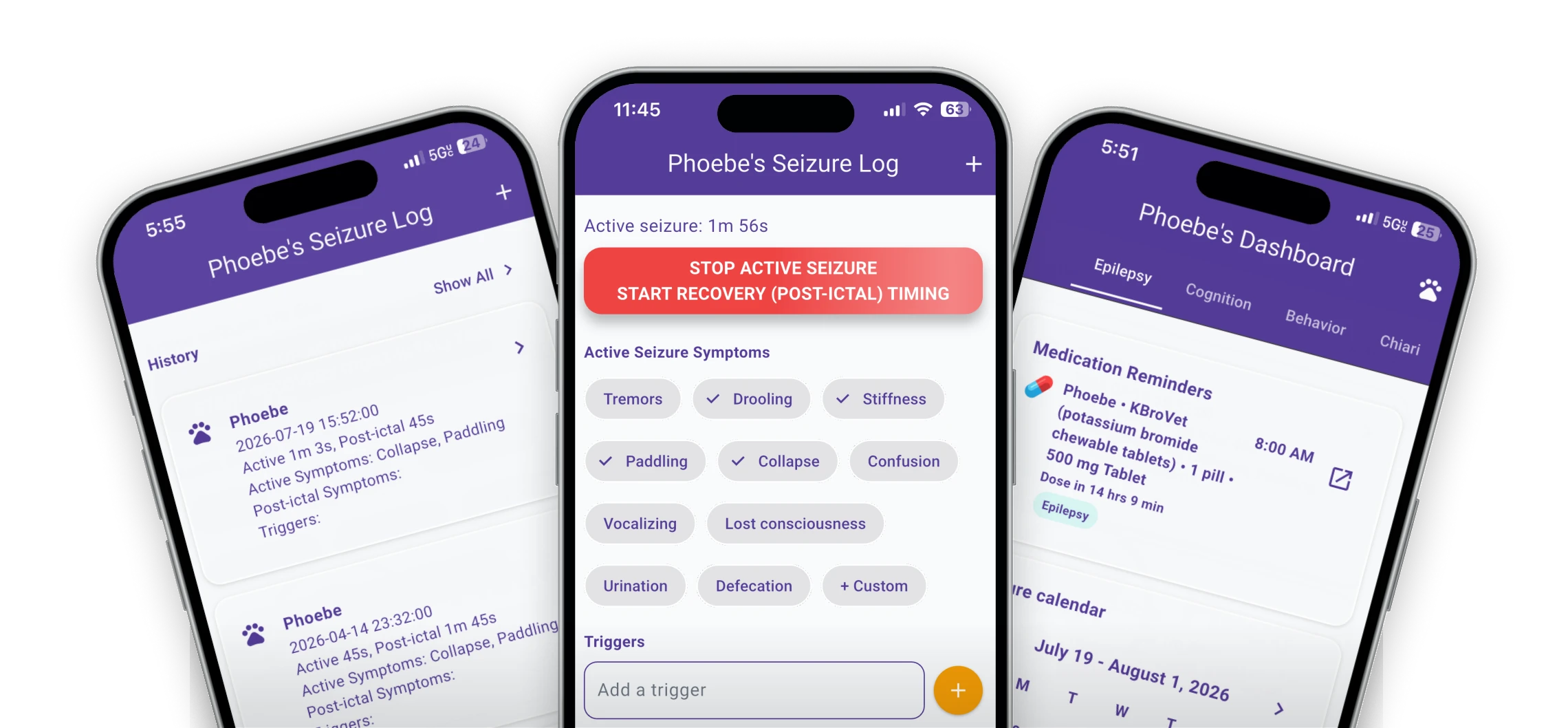 Piece of Mind app screens showing a seizure log, active seizure recording, and dashboard.