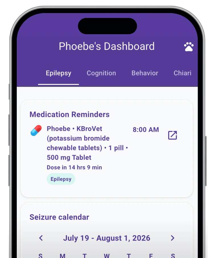 Piece of Mind dashboard showing medication reminders and a seizure calendar.